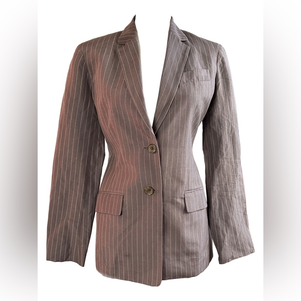 Vintage 90s y2k Silk Linen Brown Pinstripe Jones New York Blazer Jacket Coat 4